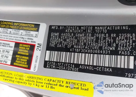 2011 Toyota Camry Base z USA, uszkodzony, nr VIN 4T1BF3EK8BU664931